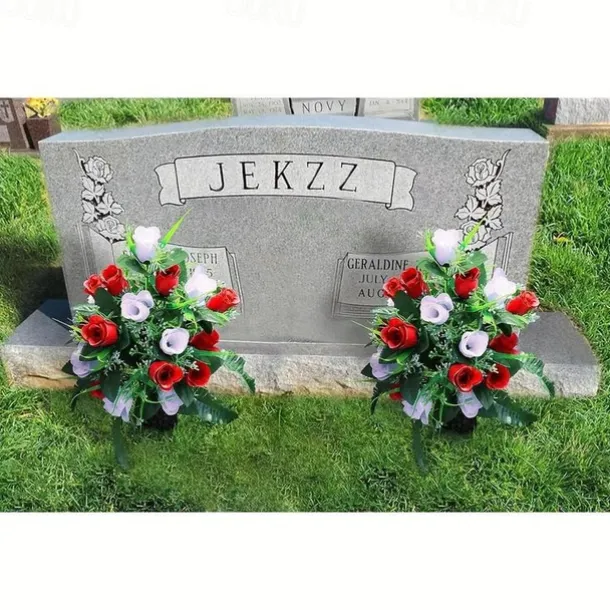 1pc Artificial Cemetery Flowers, Rose Flowers, Outdoor Grave Decorations Roses, Lasting & Non-Bleed Colors, Red & White, Without Cemetery Vase