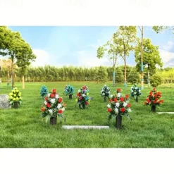 1pc Artificial Cemetery Flowers, Rose Flowers, Outdoor Grave Decorations Roses, Lasting & Non-Bleed Colors, Red & White, Without Cemetery Vase