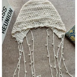 1pc Beige Color Retro Crochet Hollow Out Headband With Pearl And Tassel