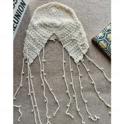 1pc Beige Color Retro Crochet Hollow Out Headband With Pearl And Tassel