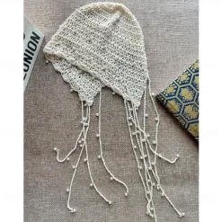 1pc Beige Color Retro Crochet Hollow Out Headband With Pearl And Tassel
