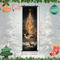 1pc Christmas Poster with Hangers Courtyard Christmas Deer And Colorful Christmas Tree Wall Art Canvas Posters Art For Home Living Room Decoration Wall Art Decor
