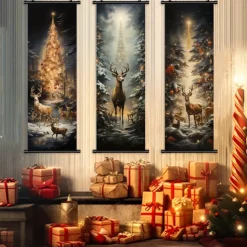1pc Christmas Poster with Hangers Courtyard Christmas Deer And Colorful Christmas Tree Wall Art Canvas Posters Art For Home Living Room Decoration Wall Art Decor
