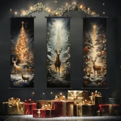 1pc Christmas Poster with Hangers Courtyard Christmas Deer And Colorful Christmas Tree Wall Art Canvas Posters Art For Home Living Room Decoration Wall Art Decor