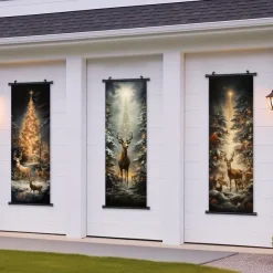 1pc Christmas Poster with Hangers Courtyard Christmas Deer And Colorful Christmas Tree Wall Art Canvas Posters Art For Home Living Room Decoration Wall Art Decor