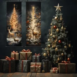 1pc Christmas Poster with Hangers Courtyard Christmas Deer And Colorful Christmas Tree Wall Art Canvas Posters Art For Home Living Room Decoration Wall Art Decor