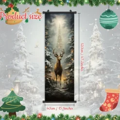 1pc Christmas Poster with Hangers Courtyard Christmas Deer And Colorful Christmas Tree Wall Art Canvas Posters Art For Home Living Room Decoration Wall Art Decor