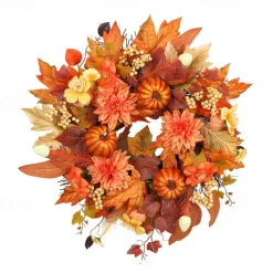 1pc, Classic Autumn Harvest Wreath for Front Door - Vibrant Faux Pumpkin, Maple Leaves & Pinecones, Perfect for Halloween & Thanksgiving Decor, Easy-to-Hang, No Power Required, Fall Decorations