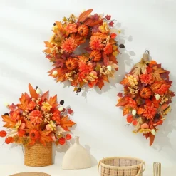 1pc, Classic Autumn Harvest Wreath for Front Door - Vibrant Faux Pumpkin, Maple Leaves & Pinecones, Perfect for Halloween & Thanksgiving Decor, Easy-to-Hang, No Power Required, Fall Decorations