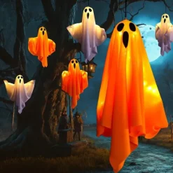 1pc Halloween Decorations Lighted Ghost Hanging Light Porch, Adjustable Arms for Glass Window, Indoor & Outdoor Tree Decor - Festive Atmosphere Decorative Light with 3 Lighting Modes (White & Orange)