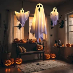 1pc Halloween Decorations Lighted Ghost Hanging Light Porch, Adjustable Arms for Glass Window, Indoor & Outdoor Tree Decor - Festive Atmosphere Decorative Light with 3 Lighting Modes (White & Orange)