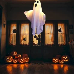 1pc Halloween Decorations Lighted Ghost Hanging Light Porch, Adjustable Arms for Glass Window, Indoor & Outdoor Tree Decor - Festive Atmosphere Decorative Light with 3 Lighting Modes (White & Orange)