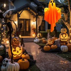 1pc Halloween Decorations Lighted Ghost Hanging Light Porch, Adjustable Arms for Glass Window, Indoor & Outdoor Tree Decor - Festive Atmosphere Decorative Light with 3 Lighting Modes (White & Orange)