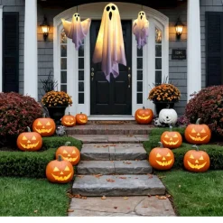 1pc Halloween Decorations Lighted Ghost Hanging Light Porch, Adjustable Arms for Glass Window, Indoor & Outdoor Tree Decor - Festive Atmosphere Decorative Light with 3 Lighting Modes (White & Orange)