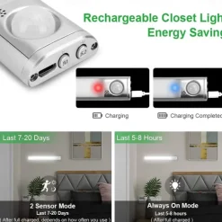 1pc LED Closet Lights - Motion Sensor Under Cabinet USB Rechargeable Night Lamp, Dimmable Indoor Lighting for Kitchen, Wardrobe & Stairs 80/120/160 LEDs