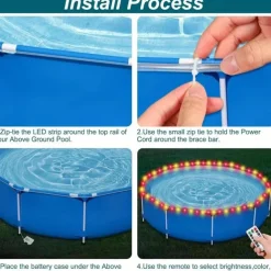 1pc 20M 200Leds Waterproof LED Pool Rim Lights, Submersible Rim Lights with Color Changing Remote Control, Battery Operated for Above Ground Circular Pools Bright Durable String Lights