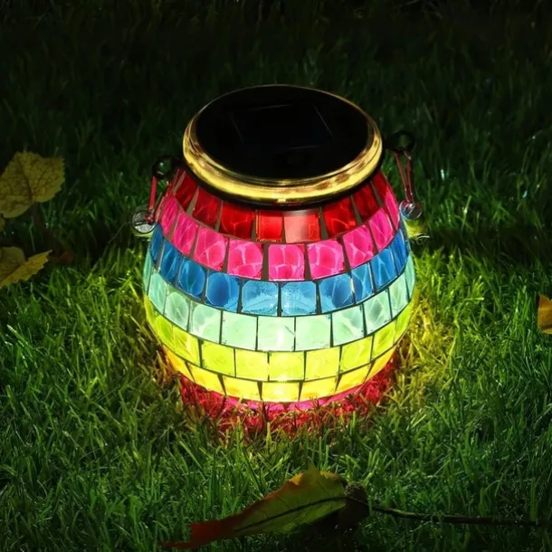 1pc Mosaic Solar Mason Can Light Outdoor Waterproof Glass Art Projection Hanging Lantern Desktop Decoration