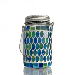 1pc Mosaic Solar Mason Can Light Outdoor Waterproof Glass Art Projection Hanging Lantern Desktop Decoration