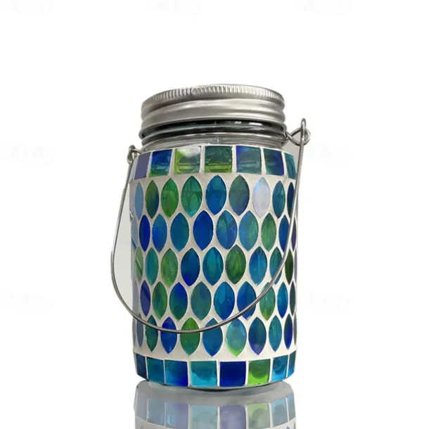 1pc Mosaic Solar Mason Can Light Outdoor Waterproof Glass Art Projection Hanging Lantern Desktop Decoration