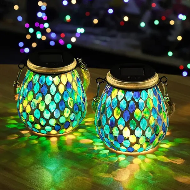 1pc Mosaic Solar Mason Can Light Outdoor Waterproof Glass Art Projection Hanging Lantern Desktop Decoration