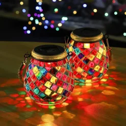 1pc Mosaic Solar Mason Can Light Outdoor Waterproof Glass Art Projection Hanging Lantern Desktop Decoration