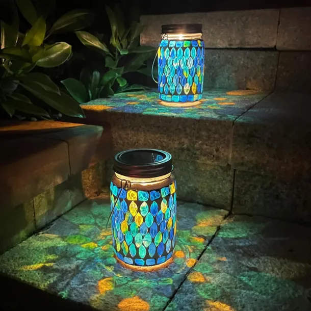 1pc Mosaic Solar Mason Can Light Outdoor Waterproof Glass Art Projection Hanging Lantern Desktop Decoration