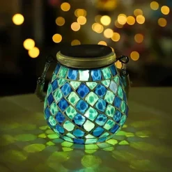 1pc Mosaic Solar Mason Can Light Outdoor Waterproof Glass Art Projection Hanging Lantern Desktop Decoration