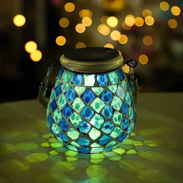 1pc Mosaic Solar Mason Can Light Outdoor Waterproof Glass Art Projection Hanging Lantern Desktop Decoration