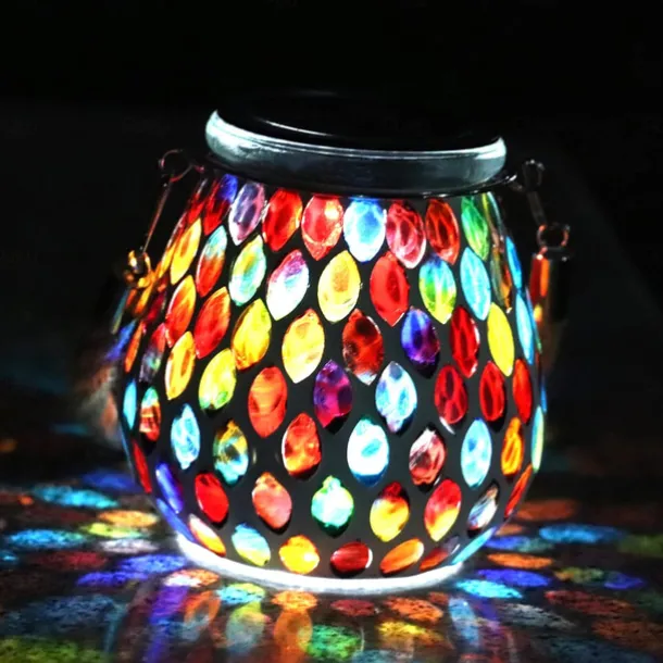 1pc Mosaic Solar Mason Can Light Outdoor Waterproof Glass Art Projection Hanging Lantern Desktop Decoration