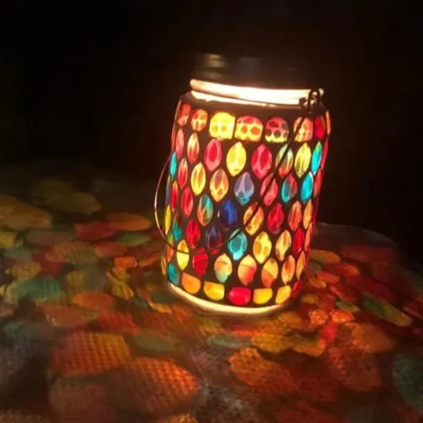 1pc Mosaic Solar Mason Can Light Outdoor Waterproof Glass Art Projection Hanging Lantern Desktop Decoration