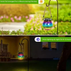 1pc Mosaic Solar Mason Can Light Outdoor Waterproof Glass Art Projection Hanging Lantern Desktop Decoration