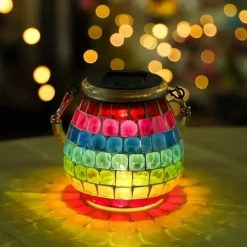 1pc Mosaic Solar Mason Can Light Outdoor Waterproof Glass Art Projection Hanging Lantern Desktop Decoration