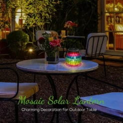 1pc Mosaic Solar Mason Can Light Outdoor Waterproof Glass Art Projection Hanging Lantern Desktop Decoration