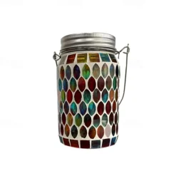 1pc Mosaic Solar Mason Can Light Outdoor Waterproof Glass Art Projection Hanging Lantern Desktop Decoration