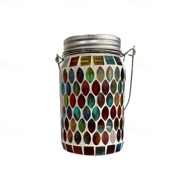1pc Mosaic Solar Mason Can Light Outdoor Waterproof Glass Art Projection Hanging Lantern Desktop Decoration