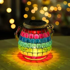 1pc Mosaic Solar Mason Can Light Outdoor Waterproof Glass Art Projection Hanging Lantern Desktop Decoration