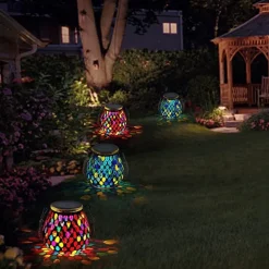 1pc Mosaic Solar Mason Can Light Outdoor Waterproof Glass Art Projection Hanging Lantern Desktop Decoration