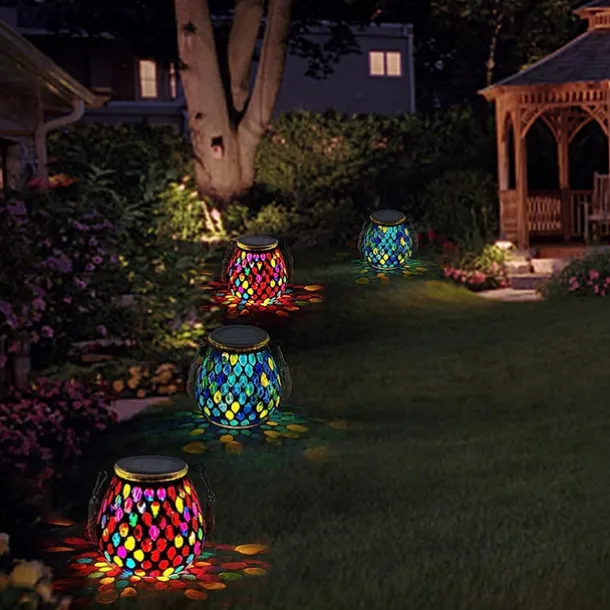 1pc Mosaic Solar Mason Can Light Outdoor Waterproof Glass Art Projection Hanging Lantern Desktop Decoration