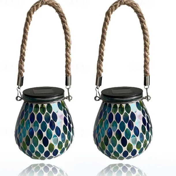 1pc Mosaic Solar Mason Can Light Outdoor Waterproof Glass Art Projection Hanging Lantern Desktop Decoration