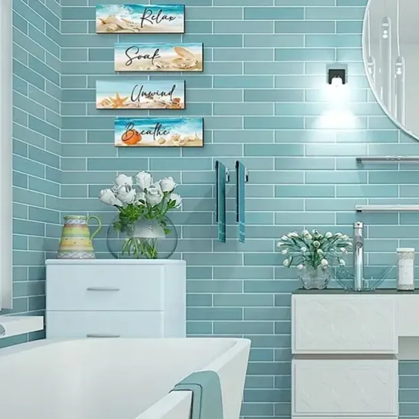 1pc Ocean Beach Bathroom Wall Decor Wooden Relax Soak Relax Breathe Wall Art Bathroom Sign Hanging Seashell Starfish Wooden Sign Room Decor Scene Decor Bedroom Decor Entrance Decor Wall Beauti