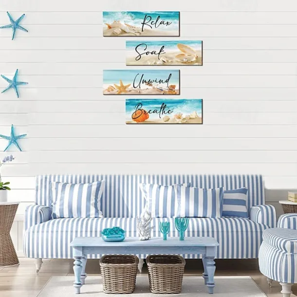 1pc Ocean Beach Bathroom Wall Decor Wooden Relax Soak Relax Breathe Wall Art Bathroom Sign Hanging Seashell Starfish Wooden Sign Room Decor Scene Decor Bedroom Decor Entrance Decor Wall Beauti