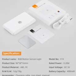 1PC PIR Motion Sensor Night Light - RGB Color Changing Cabinet Light, USB Charging Body Sensing Night Lamp for Stairs, Bedroom and Hallway