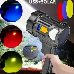 1pc Portable Searchlight, Strong Flash Light, Powerful LED Home Torch, Waterproof Fishing Outdoor Lantern, USB Rechargeable Spotlight With Red Blue Yellow 3 Color Lens Filter