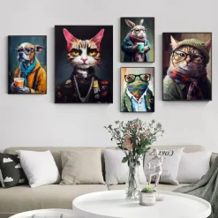 1pc Punk Rock Cat Portrait Oil Painting Wall Art Original Artwork Print Felino Anmail Mpressionist Home Decor Animal House Pet Decor