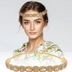 1PC Rhinestone Beaded Headband, Elastic Jewelry Hair Bands for Lady Women Girl Hair Accessories 20-26.8'' Multicolor
