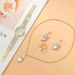 1pc Rhinestone Decor Quartz Watch Elegant Round Pointer Analog Wristwatch & 4pcs Jewelry Set, Gift For Mom/Girlfriend