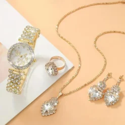 1pc Rhinestone Decor Quartz Watch Elegant Round Pointer Analog Wristwatch & 4pcs Jewelry Set, Gift For Mom/Girlfriend