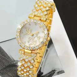 1pc Rhinestone Decor Quartz Watch Elegant Round Pointer Analog Wristwatch & 4pcs Jewelry Set, Gift For Mom/Girlfriend