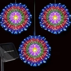 1pc Solar Firework Lights Solar Panel With 3pcs Hanging 270LEDs Starburst Lights Copper Wire Outdoor Waterproof Lights 8 Lighting Modes Fairy Decorative String Lights for Patio Umbrella, Eave, Garden