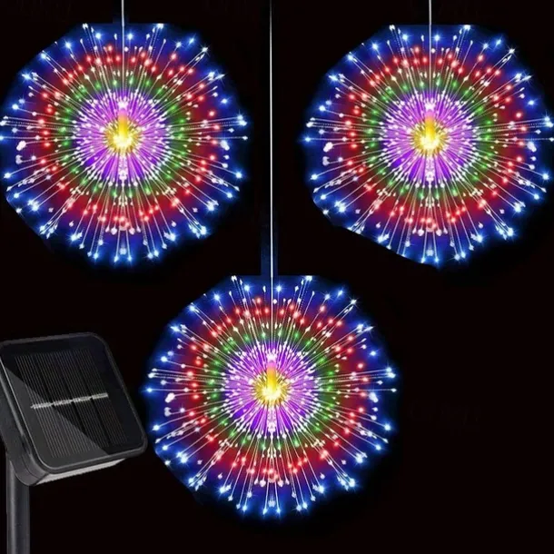 1pc Solar Firework Lights Solar Panel With 3pcs Hanging 270LEDs Starburst Lights Copper Wire Outdoor Waterproof Lights 8 Lighting Modes Fairy Decorative String Lights for Patio Umbrella, Eave, Garden